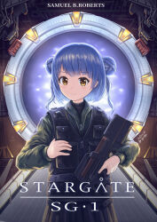 Rule 34 | 1girl, absurdres, black skirt, blue hair, bullpup, character name, double bun, green jacket, gun, hair bun, highres, holding, holding gun, holding weapon, jacket, kantai collection, load bearing vest, looking at viewer, military, movie poster, p90, personal defense weapon, samuel b. roberts (kancolle), skirt, spacebar hobby, stargate sg-1, submachine gun, weapon, weapon connection, yellow eyes