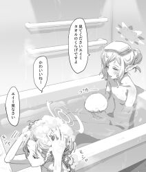 Rule 34 | 2girls, bathing, bathtub, blue archive, blush, closed eyes, collarbone, completely nude, eimi (blue archive), greyscale, halo, highres, himari (blue archive), indoors, mole, mole under eye, monochrome, multiple girls, nude, partially submerged, pointy ears, sitting, soap bubbles, speech bubble, tori udon, towel, towel on head, translation request, washing hair, water
