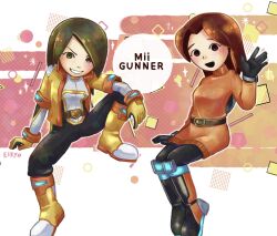 2girls animification bad_tag belt black_gloves black_pants blush boots breasts brown_eyes brown_hair character_name crossover dress gloves green_eyes green_hair grin highres holding jacket knee_boots long_hair looking_at_viewer medium_breasts mii_(nintendo) mii_gunner mii_gunner_(smash_4) mii_gunner_(smash_ultimate) multiple_girls nintendo nyo02921978 open_mouth orange_gloves pants pantyhose parted_bangs short_hair sitting smile super_smash_bros. sweater waving yellow_footwear