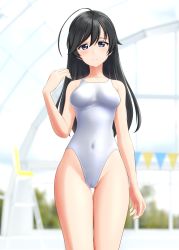 Rule 34 | 1girl, absurdres, ahoge, black eyes, black hair, blurry, blurry background, breasts, commentary request, competition swimsuit, covered navel, cowboy shot, girls und panzer, highres, indoors, isuzu hana, long hair, medium breasts, one-piece swimsuit, solo, string of flags, swimsuit, takafumi, thigh gap, white one-piece swimsuit