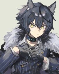 Rule 34 | 1boy, animal ear fluff, animal ears, arknights, black gloves, blue hair, blue suit, buttons, commentary, formal, frown, fur trim, gloves, grey background, highres, infection monitor (arknights), looking at viewer, male focus, mokuro3m, own hands together, pinstripe pattern, pinstripe suit, short hair, simple background, sketch, solo, striped, suit, vigil (arknights), wolf boy, wolf ears, yellow eyes
