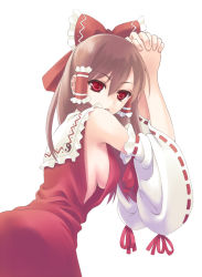 Rule 34 | 1girl, bad id, bad pixiv id, bow, breasts, brown hair, detached sleeves, female focus, gorota, hakurei reimu, imperishable night, japanese clothes, large breasts, miko, red eyes, short hair, sideboob, simple background, solo, touhou, white background
