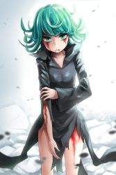 Rule 34 | 1girl, black dress, blood, blood on face, dress, fuente, green eyes, green hair, highres, injury, looking at viewer, matching hair/eyes, one-punch man, short hair, solo, tatsumaki, torn clothes, torn dress