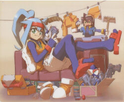 Rule 34 | 1boy, 1girl, ashe (mega man), belt, black bodysuit, blue hair, bodysuit, book, boots, brown hair, capcom, clothesline, couch, cropped jacket, cushion, energy gun, gloves, green eyes, gun, handgun, headband, holding, holding gun, holding weapon, inti creates, jacket, listening to music, looking at viewer, makoto yabe, mega man (series), mega man zx, mega man zx advent, model a (mega man), mop, official art, on couch, open mouth, pistol, polishing, red headband, sandals, shorts, smile, sweatdrop, third-party edit, toolbox, unworn belt, unworn boots, unworn jacket, vent (mega man), weapon