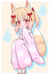 Rule 34 | 1girl, animal ears, blonde hair, blush, bow, brown background, brown footwear, closed mouth, colored shadow, commentary request, drop shadow, floral print, fox ears, fox girl, fox tail, hair bow, hand to own mouth, hand up, highres, hitodama, japanese clothes, jiu (sdesd3205), kimono, knees up, long sleeves, original, pink kimono, print kimono, red bow, red eyes, sandals, shadow, sidelocks, sleeves past fingers, sleeves past wrists, smile, solo, tail, twintails, wide sleeves