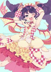 Rule 34 | 1girl, ;d, arm warmers, arms up, black hair, blue background, blue eyes, blush, character name, checkered clothes, claw pose, commentary request, dragon wings, dress, fake wings, floating hair, frilled dress, frills, fur-trimmed dress, fur trim, gaaruru (pripara), gold trim, headphones, highres, idol clothes, long hair, looking at viewer, marueri, one eye closed, open mouth, pretty series, pripara, red dress, smile, solo, twintails, wings