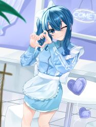 Rule 34 | 1girl, apron, blue bow, blue hair, blue jacket, blue skirt, bow, hair bow, heart, heart hands, highres, hololive, hoshimachi suisei, itou touma, jacket, looking to the side, maid apron, medium hair, one eye closed, ottoman, plant, skirt, smile, solo, table, track jacket, virtual youtuber, white apron