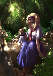 Rule 34 | 1girl, alice margatroid, blonde hair, blue dress, blue eyes, boots, bow, capelet, dappled sunlight, dress, flower, forest, hair bow, hairband, lolita hairband, nature, open mouth, pengin (takeoff425), sash, shanghai doll, sitting, sunlight, touhou