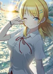 Rule 34 | 1girl, ;), amochin, backlighting, blonde hair, blue eyes, bracelet, breasts, closed mouth, collared shirt, day, dress shirt, earrings, floating hair, hachimiya meguru, highres, idolmaster, idolmaster shiny colors, jewelry, long hair, looking at viewer, medium breasts, neck ribbon, ocean, one eye closed, outdoors, red ribbon, ribbon, see-through silhouette, shirt, short sleeves, smile, solo, sun, sunlight, upper body, white shirt, wing collar