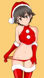 Rule 34 | 1girl, alternate costume, bikini, boots, breasts, brown eyes, brown hair, christmas, closed mouth, commentary request, cowboy shot, girls und panzer, gloves, gluteal fold, groin, hat, head tilt, looking at viewer, lowleg, lowleg bikini, medium breasts, nakajima (girls und panzer), navel, orange background, panties, panty pull, red gloves, red hat, revision, santa bikini, santa boots, santa costume, santa gloves, santa hat, short hair, side-tie bikini bottom, simple background, smile, solo, standing, swimsuit, tanaka rikimaru, thigh boots, thighhighs, underwear, untying