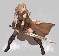 Rule 34 | belt, black thighhighs, blue eyes, blue thighhighs, boots, brown cape, brown gloves, brown shirt, brown skirt, canteen, cape, closed mouth, commentary, dungeons &amp; dragons, english commentary, facing viewer, full body, gloves, greatsword, grey background, highres, holding, holding sword, holding weapon, knee boots, legs apart, light brown hair, long hair, looking to the side, orange skirt, original, patterned clothing, pouch, shirt, simple background, skirt, sleeveless, sleeveless shirt, sword, thighhighs, two-handed, two-tone skirt, undertow6150, weapon, wind, zettai ryouiki