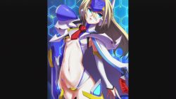 Rule 34 | arc system works, artist request, blazblue, blonde hair, blue eyes, breasts, cape, detached sleeves, mecha musume, midriff, mu-12, navel, necktie, official art, small breasts, underboob
