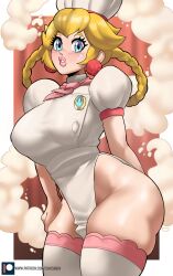 Rule 34 | 1girl, absurdres, blonde hair, blue eyes, braid, braided hair rings, breasts, chef hat, commentary, cowboy shot, dress, echo saber, english commentary, groin, hat, highres, large breasts, long hair, looking at viewer, mario (series), nintendo, parted lips, patissiere peach, pink lips, princess peach, princess peach: showtime!, puffy short sleeves, puffy sleeves, short sleeves, skindentation, solo, standing, thick thighs, thighhighs, thighs, white dress, white hat, white thighhighs