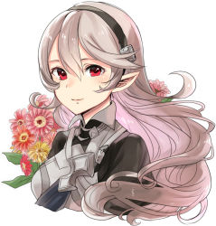 Rule 34 | 1girl, blush, breasts, closed mouth, corrin (female) (fire emblem), corrin (fire emblem), fire emblem, fire emblem fates, flower, grey hair, hair between eyes, hairband, haru (nakajou-28), long hair, looking at viewer, medium breasts, nintendo, pointy ears, portrait, red eyes, simple background, smile, solo, white background