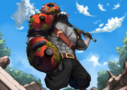Rule 34 | 1boy, armor, bandaged arm, bandages, belt, black skin, blue sky, bugita, clenched hand, cloud, colored skin, crack, fantasy, helm, helmet, highres, holding, holding weapon, looking at viewer, mace, male focus, moss, muscular, muscular male, original, outdoors, over shoulder, pauldrons, planted, scar, scar on chest, scratches, shoulder armor, sky, solo, spiked mace, spikes, standing, stitches, thorns, tree, vambraces, veins, weapon, weapon over shoulder