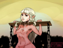 Rule 34 | 1girl, bdsm, bondage, bound, braid, brown eyes, cuffs, cum, cum in mouth, dragon&#039;s crown, elf, elf (dragon&#039;s crown), facial, flat chest, long hair, navel, nipples, nude, open mouth, pillory, platinum blonde hair, pointy ears, polyle, prisoner, public use, puffy nipples, restrained, shackles, slave, solo, tongue, tongue out, twin braids