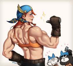 Rule 34 | 1girl, back, bandana, braid, felyne, gloves, green eyes, looking to the side, minayle (monster hunter), monster hunter (series), mootium, muscular, muscular female, pointing, pointing at self, red hair, smile, sparkle, tank top, veins, veiny arms, white background
