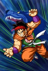 Rule 34 | 80s, animal, attack, black hair, blue background, boots, clenched teeth, dragon ball, fangs, fight, fighting, fighting stance, japanese clothes, japanese text, martial arts, official art, oldschool, short hair, teeth, tongue, tongue out, whiskers, wolf, yamcha