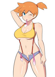 Rule 34 | 1girl, adapted costume, aqua eyes, armpits, asymmetrical hair, bare arms, bare legs, bare shoulders, blush, breast slip, breasts, cleavage, condom, condom in mouth, cowboy shot, creatures (company), dd (giogio99), denim, denim shorts, game freak, gym leader, highres, large breasts, legs, looking at viewer, misty (pokemon), mouth hold, navel, nintendo, one eye closed, orange hair, pokemon, pokemon (anime), pokemon (classic anime), ponytail, shirt, short hair, short shorts, shorts, side ponytail, simple background, smile, solo, standing, tank top, thick thighs, thighs, underboob, used condom, white background, white shirt, wide hips, wink