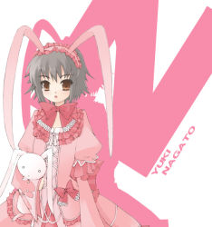 Rule 34 | 00s, 1girl, :o, alternate costume, animal ears, bow, bowtie, brown eyes, character name, cross-laced clothes, dress, eyebrows, fake animal ears, frills, grey hair, hairband, holding, holding stuffed toy, long sleeves, nagato yuki, noi (noi 2y), pink bow, pink bowtie, pink dress, puffy long sleeves, puffy sleeves, rabbit ears, short hair, solo, stuffed animal, stuffed rabbit, stuffed toy, suzumiya haruhi no yuuutsu, text focus, upper body