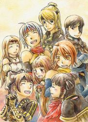 Rule 34 | 4boys, 4girls, :d, ^ ^, ahoge, armor, bad anatomy, blonde hair, blunt bangs, blush, bow, brown hair, closed eyes, freyjadour falenas, gauntlets, gensou suikoden, gensou suikoden v, georg prime, hair bow, head tilt, kyle (suikoden), long hair, lowres, luserina barows, lymsleia falenas, lyon (suikoden), miakis (suikoden), multiple boys, multiple girls, open mouth, orange hair, own hands clasped, own hands together, ponytail, profile, red scarf, roy (suikoden), scarf, sidelocks, silver hair, smile, upper body, very long hair, yellow eyes