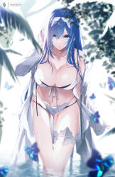 Rule 34 | 1girl, bare shoulders, bikini, blue eyes, blue hair, breasts, bug, butterfly, cleavage, collarbone, hair between eyes, tucking hair, hairband, highres, insect, large breasts, leaning forward, long hair, looking at viewer, navel, original, solo, stomach, swimsuit, thigh strap, thighs, wading, wet, white bikini, yoaferia