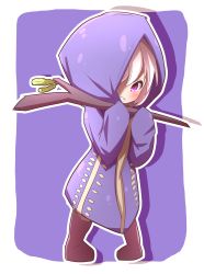 Rule 34 | 1girl, absurdres, akebia fruit, blush, boots, brown footwear, clenched teeth, commentary request, full body, hair over one eye, highres, holding, holding stick, hood, hood up, hooded robe, idaten93, long sleeves, looking at viewer, original, personification, pigeon-toed, purple background, purple eyes, purple robe, robe, sleeves past wrists, solo, standing, stick, teeth, two-tone background, white background, white hair