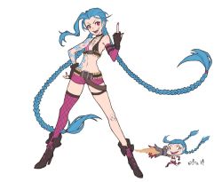 Rule 34 | 1girl, arm tattoo, bandaid, bandaid on knee, bandaid on leg, belt, bikini, bikini top only, blue hair, blush, boots, braid, breasts, brown gloves, bullets, chibi, chibi inset, choker, fingerless gloves, fishnet thighhighs, fishnets, full body, gloves, hand on own hip, high heel boots, high heels, jinx (league of legends), league of legends, long hair, middle finger, midriff, pink eyes, running, short shorts, shorts, simple background, single thighhigh, small breasts, smile, standing, swimsuit, tagme, tattoo, thigh strap, thighhighs, twin braids, very long hair, white background