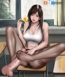 Rule 34 | 1girl, animated, breasts, brown eyes, brown hair, censored, chair, cleavage, desk, feet, final fantasy, final fantasy vii, footjob, large breasts, long hair, looking at viewer, miniskirt, nipples, panties, pantyhose, pantyshot, parted lips, penis, pussy, see-through, sitting, skirt, soles, square enix, suspenders, tifa lockhart, toes, topless, torn clothes, torn pantyhose, underwear, video