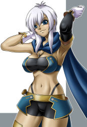 Rule 34 | 1girl, armpits, blue eyes, breasts, cleavage, dark skin, dark-skinned female, elbow gloves, covered erect nipples, female focus, gloves, grey hair, jewelry, large breasts, long hair, looking at viewer, midriff, navel, necklace, ring, rondorine e. effenberg, scarf, shorts, smile, solo, standing, sword, tales of (series), tales of phantasia: narikiri dungeon x, weapon