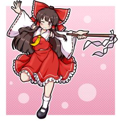 Rule 34 | 1girl, ascot, black footwear, bow, brown eyes, brown hair, commentary request, detached sleeves, eruru (erl), full body, gohei, hair bow, hair tubes, hakurei reimu, highres, long hair, looking at viewer, mary janes, no nose, one eye closed, outstretched arms, pink background, red bow, red shirt, red skirt, shirt, shoes, sidelocks, skirt, smile, socks, solo, spread arms, touhou, wide sleeves