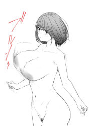 Rule 34 | 1girl, absurdres, blush, bouncing breasts, breasts, cleavage, completely nude, female pubic hair, frown, glaring, greyscale, highres, looking at viewer, monochrome, nude, original, pubic hair, short hair, simple background, solo, tantanmen72, white background