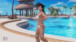 Rule 34 | 1girl, 3d, animated, ass, bikini, black eyes, black hair, breasts, cleavage, dead or alive, dead or alive xtreme 3 fortune, female focus, kokoro (doa), looking at viewer, video, navel, poolside, sound, swimsuit, video, white bikini