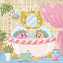Rule 34 | back scrubber, bath, bathroom, bubble bath, closed mouth, highres, indoors, kirby, kirby (series), miclot, mirror, nintendo, no humans, plant, potted plant, shower curtain, smile, soap, waddle dee