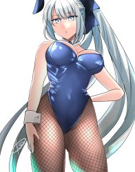 Rule 34 | 1girl, absurdres, blue bow, blue eyes, blue leotard, bow, braid, breasts, detached collar, fate/grand order, fate (series), fishnet pantyhose, fishnets, french braid, grey hair, hair bow, highleg, highleg leotard, highres, kankitsu kei, large breasts, leotard, long hair, looking at viewer, morgan le fay (fate), pantyhose, playboy bunny, ponytail, sidelocks, simple background, solo, standing, very long hair, white background, white wrist cuffs, wrist cuffs