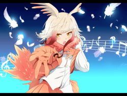 Rule 34 | 10s, 1girl, blue background, blunt bangs, blush, buttons, crotchet, feathers, framed, fur collar, gloves, gradient background, gradient hair, head wings, highres, japanese crested ibis (kemono friends), kappa (moonsidekanade), kemono friends, long sleeves, looking at viewer, multicolored hair, musical note, pleated skirt, pleated sleeves, quaver, reaching, reaching towards viewer, red gloves, red hair, red skirt, semiquaver, skirt, solo, staff (music), treble clef, white hair, wide sleeves, wings, yellow eyes