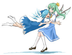 Rule 34 | 2girls, ascot, bad id, bad pixiv id, blue hair, blush, bow, cirno, daiyousei, closed eyes, fairy wings, flying sweatdrops, glomp, green eyes, green hair, hair bow, hair ribbon, hug, ice, ice wings, long hair, multiple girls, open mouth, puffy sleeves, ribbon, sherad, short hair, short sleeves, side ponytail, smile, touhou, white background, wings