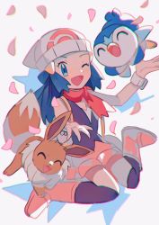 Rule 34 | 1girl, ;d, beanie, blue eyes, blue hair, boots, bracelet, brown socks, commentary request, creatures (company), dawn (pokemon), eevee, eyelashes, game freak, gen 1 pokemon, gen 4 pokemon, hair ornament, hairclip, hands up, hat, highres, hinann bot, jewelry, kneehighs, long hair, nintendo, one eye closed, open mouth, petals, pink footwear, piplup, pokemon, pokemon (anime), pokemon (creature), pokemon journeys, pokemon swsh074, red scarf, scarf, sitting, sleeveless, smile, socks, tongue, white headwear