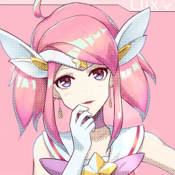Rule 34 | 1girl, alternate costume, alternate hair color, alternate hairstyle, brooch, choker, earrings, gloves, highres, jewelry, league of legends, lux (league of legends), magical girl, pink hair, solo, star guardian (league of legends), star guardian lux, tiara, white gloves