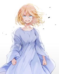 Rule 34 | 1girl, angry, blue eyes, krista lenz, crying, crying with eyes open, dress, floating hair, hair between eyes, looking at viewer, shingeki no kyojin, short hair, solo, tears, tonshi, white background, white dress, wide sleeves, wind