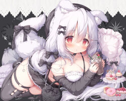 Rule 34 | 1girl, :o, animal ear fluff, animal ears, arm under breasts, artist name, bag, bare shoulders, black background, black bow, black choker, black headwear, black skirt, black sleeves, black thighhighs, blush, bone hair ornament, bone necklace, bow, bra, breasts, cherry, chocolate, choker, cleavage, commentary request, cowlick, cross, cupcake, dessert, detached sleeves, doughnut, drink, drinking straw, food, frappuccino, frilled bra, frilled choker, frilled skirt, frilled sleeves, frills, fruit, hair between eyes, hair bow, hair ornament, handbag, heart, holding, holding drink, long hair, looking at viewer, medium breasts, microskirt, momozu komamochi, navel, open mouth, oppai loli, original, pillow, red eyes, sidelocks, skindentation, skirt, solo, spaghetti strap, star (symbol), strap, tail, tail bow, tail ornament, tareme, thigh strap, thighhighs, thighs, tiered tray, underwear, white bra, white hair, wolf ears, wolf girl, wolf tail