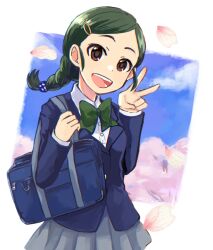 Rule 34 | 1girl, bag, blue jacket, blue sky, blush, bow, bowtie, braid, breasts, brown eyes, cherry blossoms, cloud, dated, dot nose, falling petals, green bow, green bowtie, green hair, grey skirt, hair ornament, hair tie, hairclip, hands up, holding strap, idolmaster, idolmaster cinderella girls, idolmaster cinderella girls starlight stage, jacket, long hair, long sleeves, looking at viewer, open mouth, petals, pleated skirt, school bag, school uniform, shirt, shuto aoi, skirt, sky, small breasts, smile, solo, tanakamiso, teeth, upper teeth only, v, white shirt