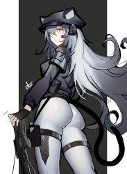 Rule 34 | 1girl, absurdres, animal ears, arknights, ass, belt pouch, black gloves, black hat, bow (weapon), bowgun, breasts, cat ears, cat girl, cat tail, closed mouth, commentary, cowboy shot, crossbow, distr, earpiece, ears through headwear, english commentary, expressionless, fingerless gloves, from behind, gloves, grey background, grey jacket, grey pants, hair between eyes, hat, highres, jacket, long hair, looking at viewer, looking back, medium breasts, official alternate costume, pants, pouch, schwarz (arknights), schwarz (skyline) (arknights), signature, silver hair, simple background, solo, standing, tail, taut clothes, thigh strap, tight clothes, tight pants, weapon, yellow eyes
