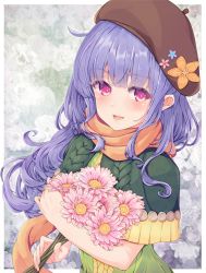Rule 34 | 1girl, beret, brown hat, capelet, casual, commentary request, flower, hat, hat flower, highres, holding, long hair, looking at viewer, mahjong soul, open mouth, purple hair, red eyes, scarf, simple background, solo, sweater, takanashi hinata