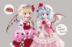 Rule 34 | 2girls, :/, alternate costume, animal print, ascot, bat wings, blonde hair, blue hair, blush, bow, brooch, closed mouth, commentary request, cowboy shot, crystal, doremy sweet, doremy sweet (baku), dress, english text, flandre scarlet, flat chest, frills, grey background, hat, hat bow, highres, holding, holding paper, holding pillow, jewelry, looking at another, looking at viewer, medium hair, mob cap, multiple girls, one side up, open mouth, paper, petticoat, pillow, pink dress, red ascot, red bow, red eyes, remilia scarlet, short hair, siblings, sisters, speech bubble, spoken food, standing, touhou, wavy hair, white headwear, wings, wrist cuffs, yellow ascot, zabuton (mgdw5574)