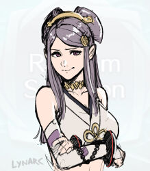 Rule 34 | 1girl, arms under breasts, artist name, bare shoulders, beads, breasts, cleavage, cm lynarc, collar, comb, fire emblem, fire emblem fates, hair bun, hair ornament, hairpods, highres, japanese clothes, large breasts, long hair, looking at viewer, mature female, nintendo, orochi (fire emblem), purple eyes, purple hair, sketch, smile, solo