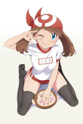 Rule 34 | 1girl, absurdres, arm up, bandana, black thighhighs, blue eyes, blush, brown hair, buruma, character name, closed mouth, commentary, creatures (company), full body, game freak, gym uniform, highres, looking at viewer, may (pokemon), nail polish, nintendo, one eye closed, pink nails, pokemon, pokemon (anime), pokemon rse (anime), red bandana, red buruma, scarletsky, shirt, short sleeves, smile, solo, thighhighs, tongue, tongue out, white background, white shirt
