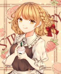 Rule 34 | 1girl, apron, text background, bad id, bad pixiv id, berry, black bow, black neckwear, blonde hair, bow, braid, brown dress, buttons, chiyu (kumataro0x0), closed mouth, collar, cream, cup, disposable cup, dress, food, fruit, glass, hair between eyes, hair bow, hands up, highres, kirisame marisa, looking at viewer, macaron, no headwear, orange background, puffy short sleeves, puffy sleeves, red bow, short hair, short sleeves, single braid, smile, smoothie, solo, starbucks, strawberry, tongue, tongue out, touhou, white apron, white collar, white sleeves, yellow eyes