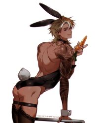 Rule 34 | 1boy, animal ears, arm tattoo, ass, bara, bare back, beckoning, bishounen, black thighhighs, brown hair, bunny day, carrot, come hither, dark-skinned male, dark skin, feet out of frame, fence, food, from side, highres, holding, holding food, index finger raised, looking at viewer, male focus, medium hair, multicolored hair, muscular, muscular male, original, rabbit ears, rabbit tail, solo, streaked hair, tail, tattoo, thick eyebrows, thighhighs, white hair, white wrist cuffs, wrist cuffs, yotti