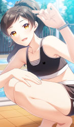 Rule 34 | 1girl, :d, bare arms, bare legs, barefoot, bikini, bikini shorts, black bikini, black shorts, blurry, blurry foreground, bracelet, brown hair, collarbone, day, hand on own knee, high ponytail, idolmaster, idolmaster million live!, jewelry, kitazawa shiho, long hair, looking at viewer, open mouth, outdoors, poolside, short shorts, shorts, smile, solo, sports bikini, squatting, swimsuit, touon, yellow eyes